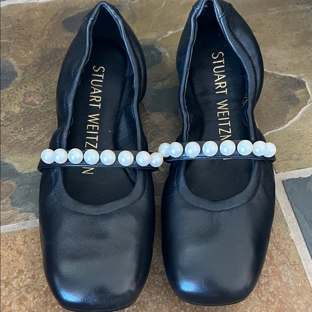 Stuart Weitzman Black Flats with Pearl Accents